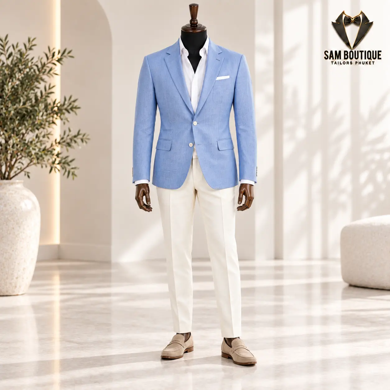 Sky Blue Blazer Outfit made to measure by Sam Boutique Tailors Phuket