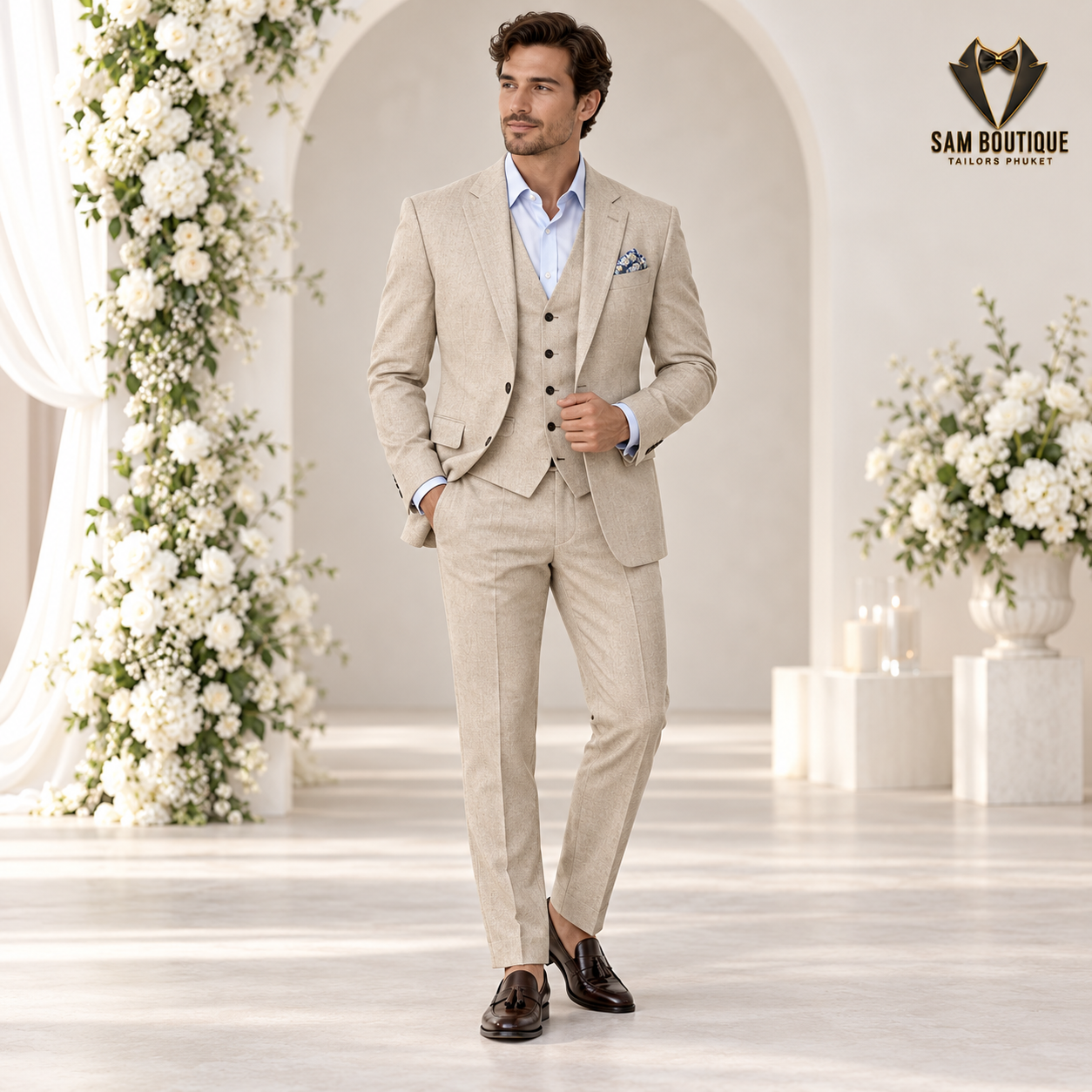Natural Three-Piece Wedding Suit made to measure by Sam Boutique Tailors Phuket