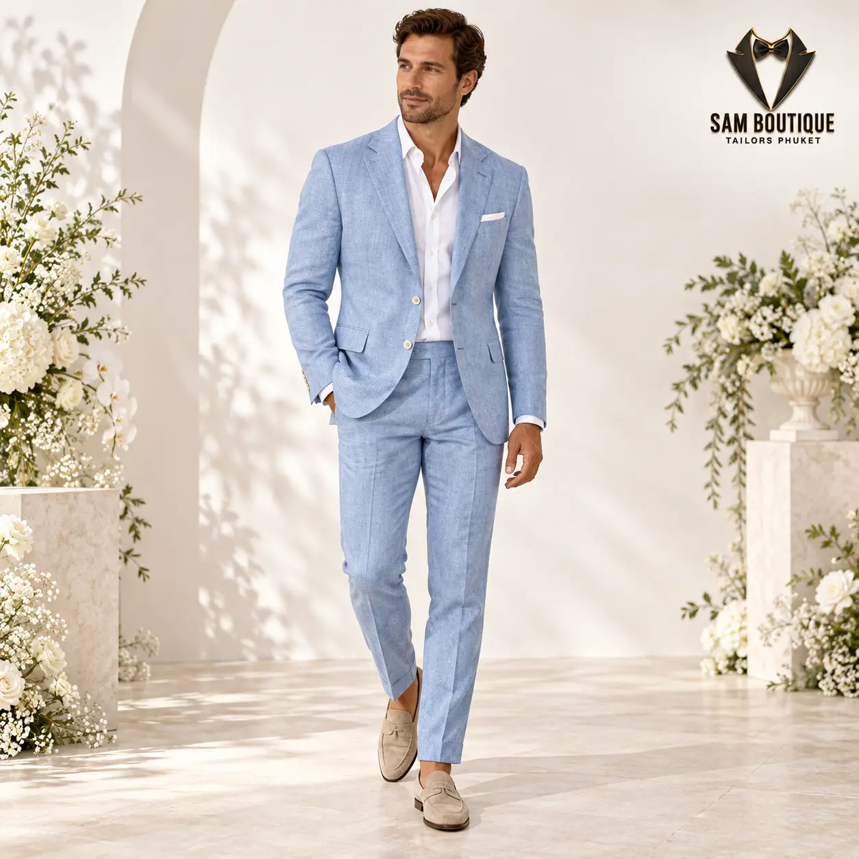 Powder Blue Linen Wedding Suit made to measure by Sam Boutique Tailors Phuket