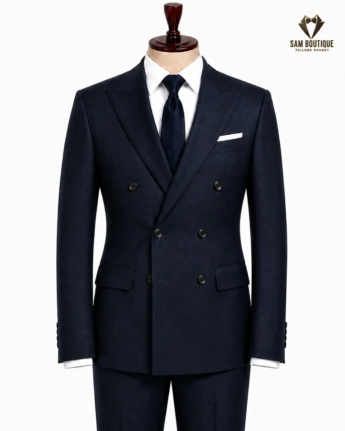 Navy Double-Breasted Peak Lapel Suit — made to measure by Sam Boutique Tailors Phuket