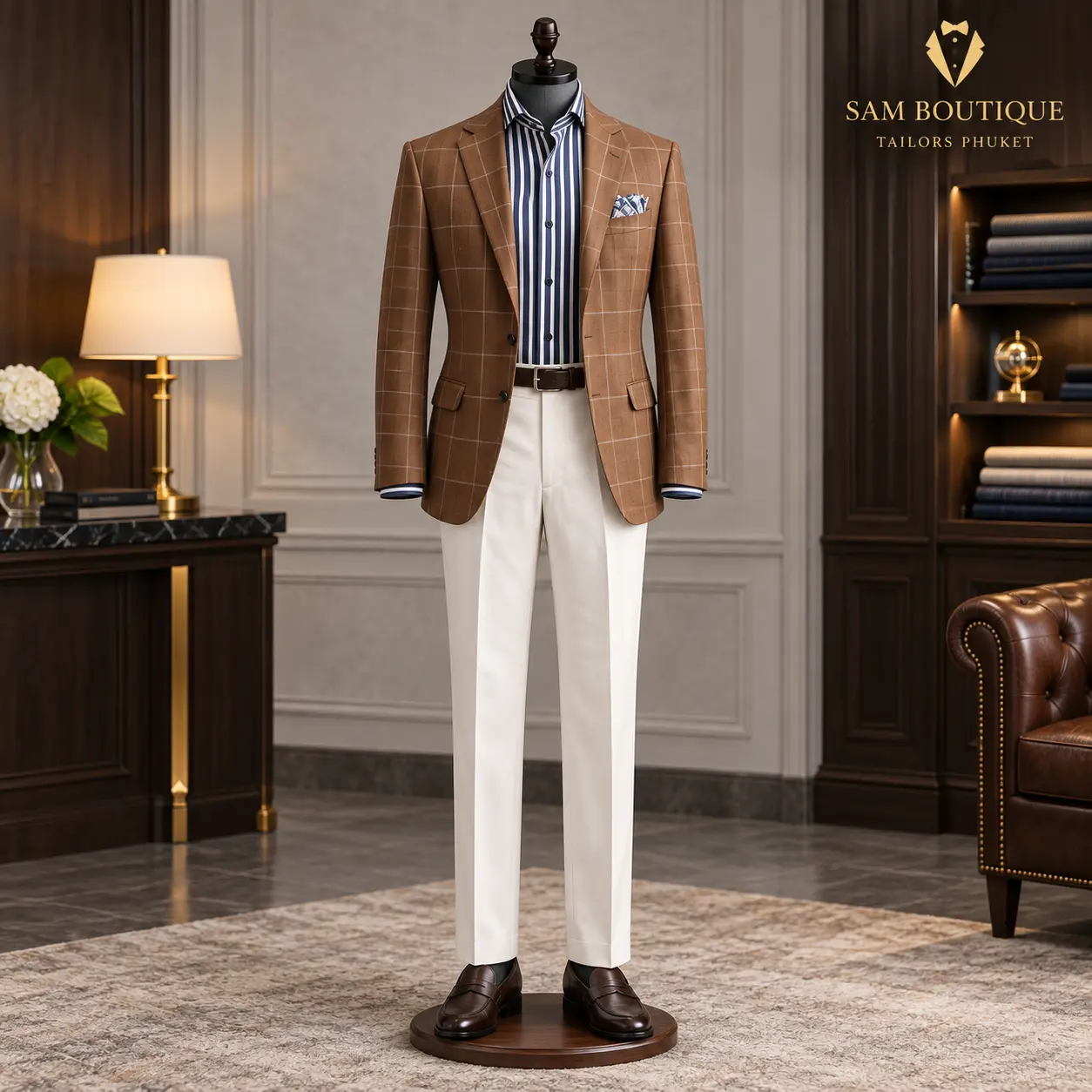 Brown Windowpane Blazer Outfit made to measure by Sam Boutique Tailors Phuket