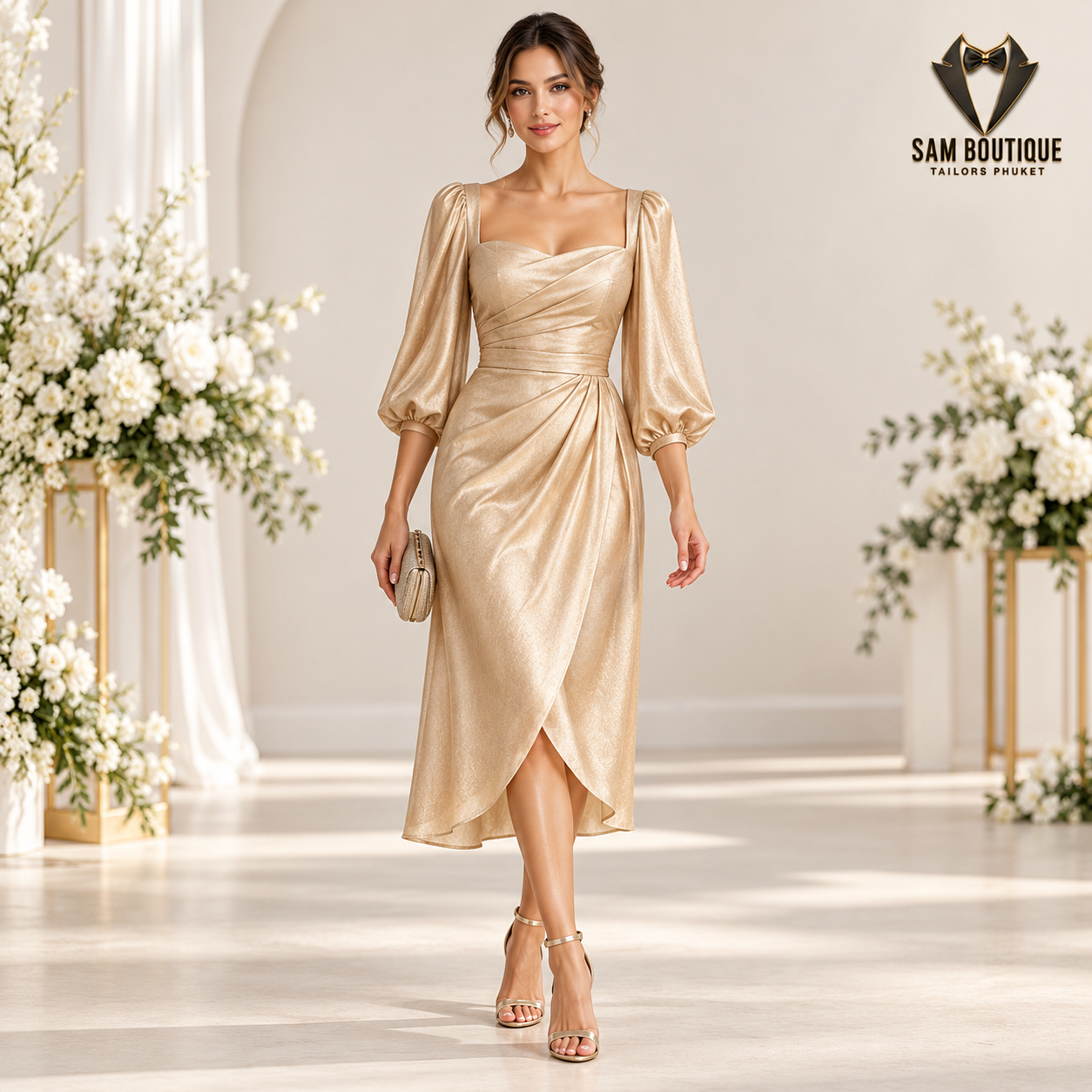 Champagne Wrap Guest Dress made to measure by Sam Boutique Tailors Phuket