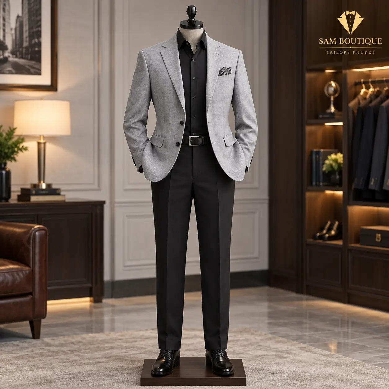 Grey Blazer Outfit made to measure by Sam Boutique Tailors Phuket