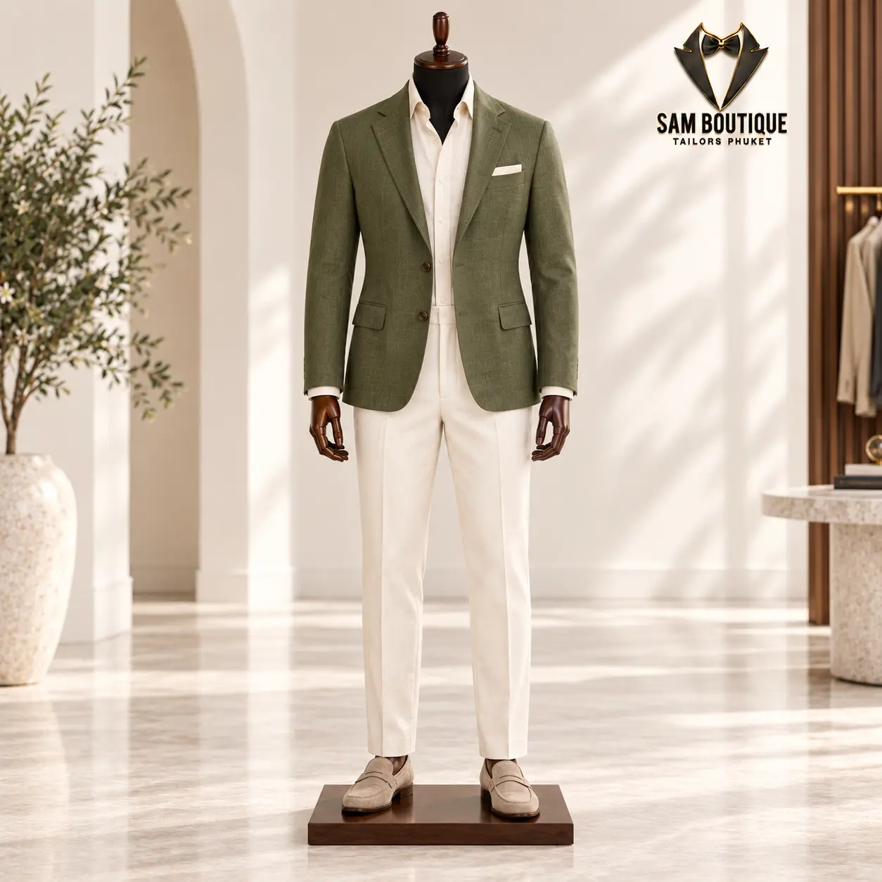 Sage Green Blazer Outfit made to measure by Sam Boutique Tailors Phuket